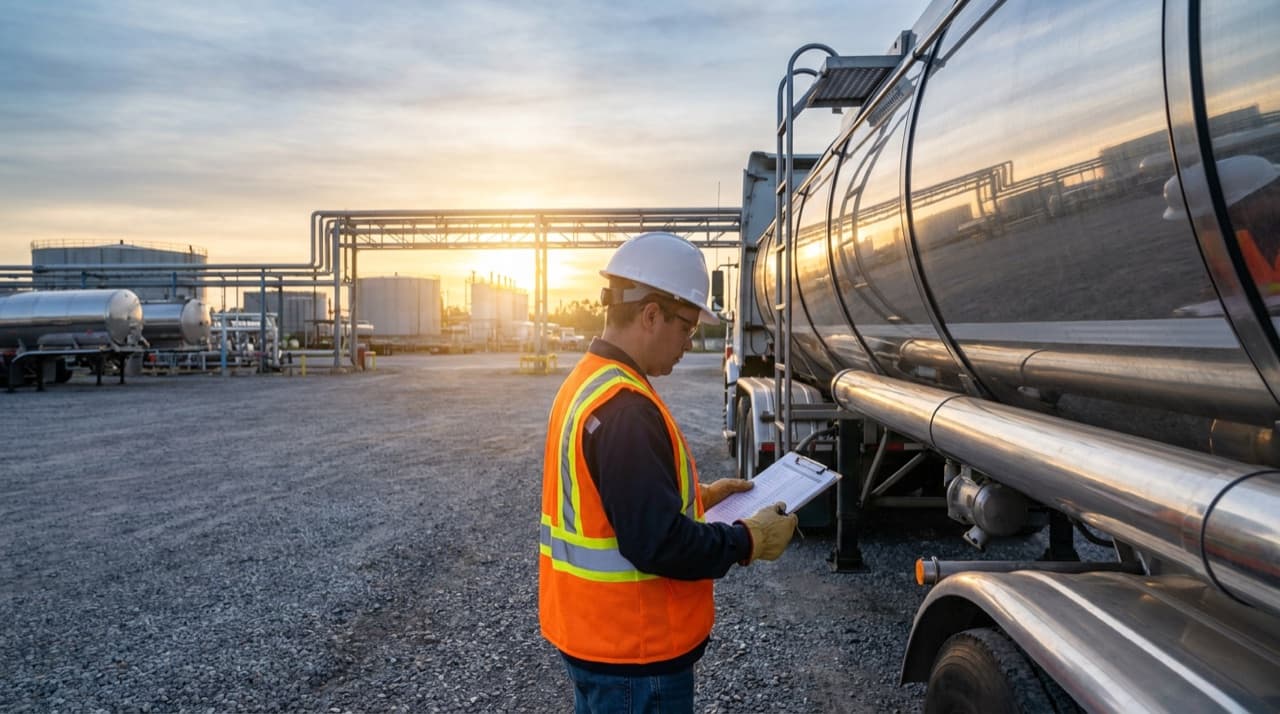 An inspector in a white hard hat and orange safety vest reads a clipboard beside a polished stainless steel tank trailer at sunrise.