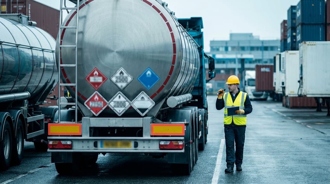 An inspector in a yellow hard hat and safety vest walks past the back of a stainless steel tank trailer carrying hazmat placards.