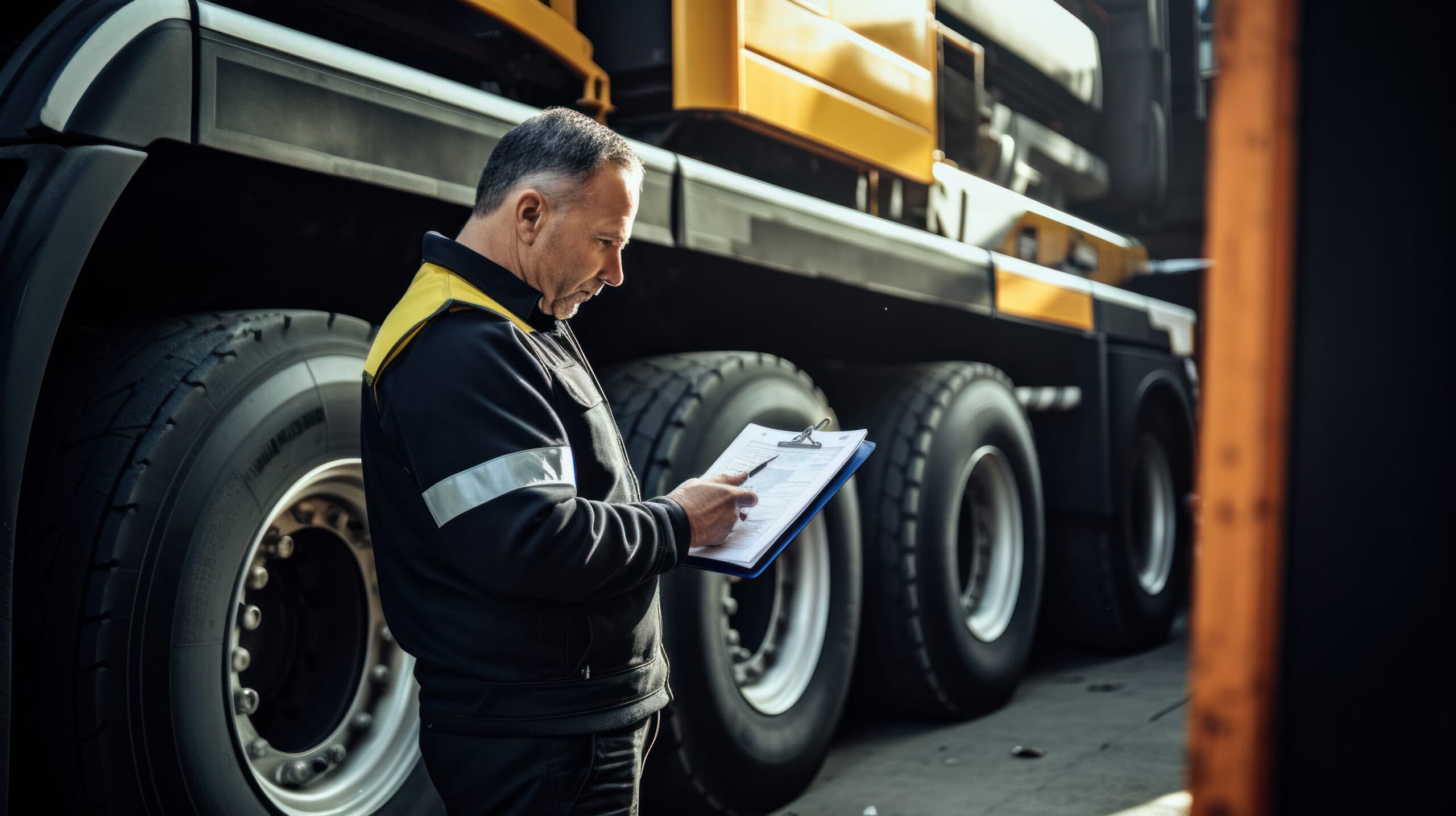 Safety inspector reviewing paperwork beside a commercial truck's wheels during a DOT compliance assessment